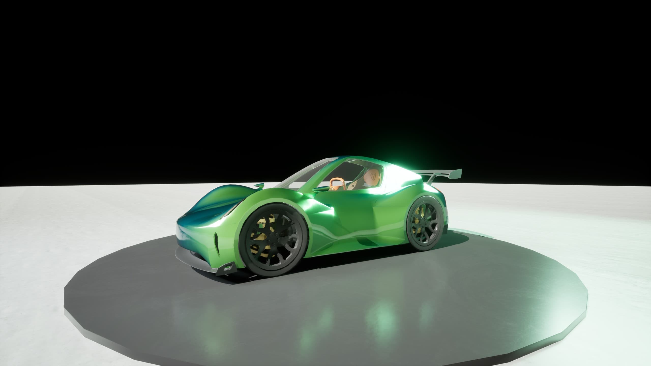 VS Lens with the full aero kit — rear wing, splitter and canards — on the configurator turntable